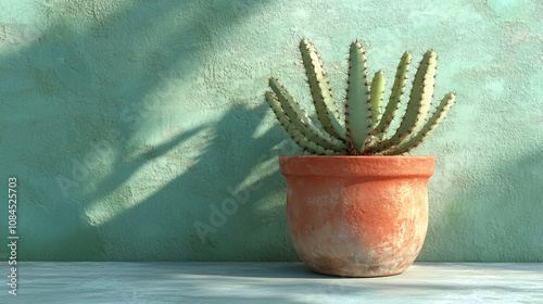 A terracotta pot containing a cactus plant rests on a pale blue surface