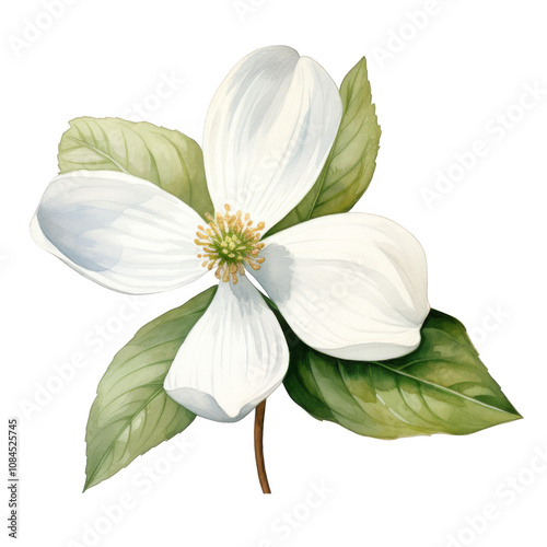 Watercolor Painting of a Single Dogwood Blossom with Green Leaves