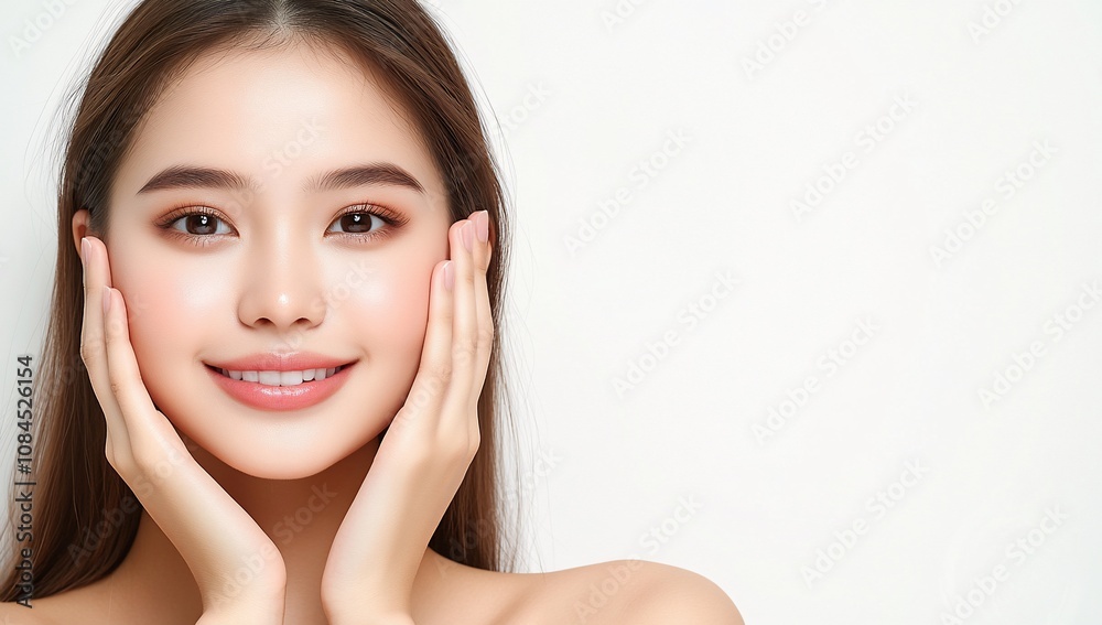 A smiling woman with long hair, showcasing skincare and beauty. A smiling woman with long hair, showcasing skincare and beauty.
