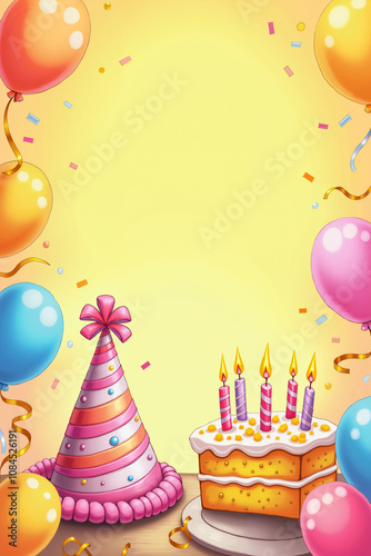 Birthday card with a vibrant yellow background, featuring a pink and white striped party hat, a cake with lit candles, multicolored balloons and confetti.