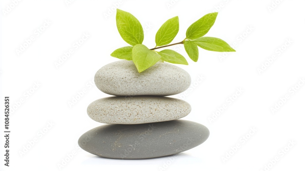 A serene arrangement of three smooth stones with delicate green leaves, symbolizing balance and tranquility. A serene arrangement of three smooth stones with delicate green leaves, symbolizing balance and tranquility.