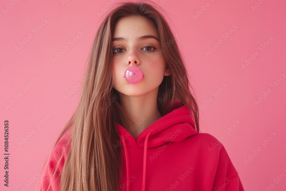 A young woman blowing bubble gum against a pink background. A young woman blowing bubble gum against a pink background.