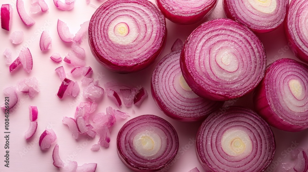 Close-up view of vibrant red onion slices and pieces. A culinary masterpiece of fresh, sliced red onions, perfect for cooking and food photography. A stunning display of food artistry. Close-up view of vibrant red onion slices and pieces. A culinary masterpiece of fresh, sliced red onions, perfect for cooking and food photography. A stunning display of food artistry.