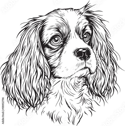Spaniel Dog Breed Linear Drawing Sketch Art Black and White Vector Illustration