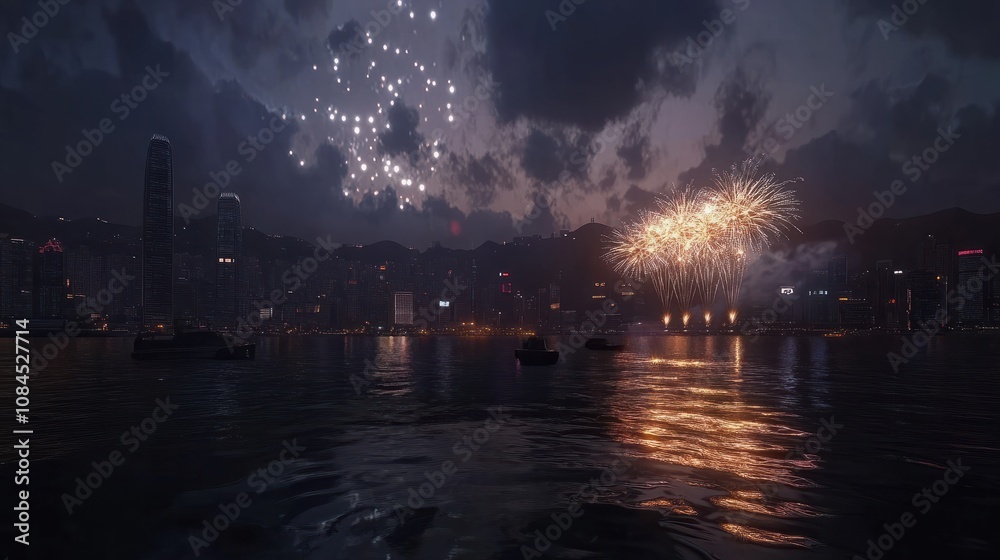 Panorama view of Hong Kong fireworks show in Victoria Harbor Panorama view of Hong Kong fireworks show in Victoria Harbor