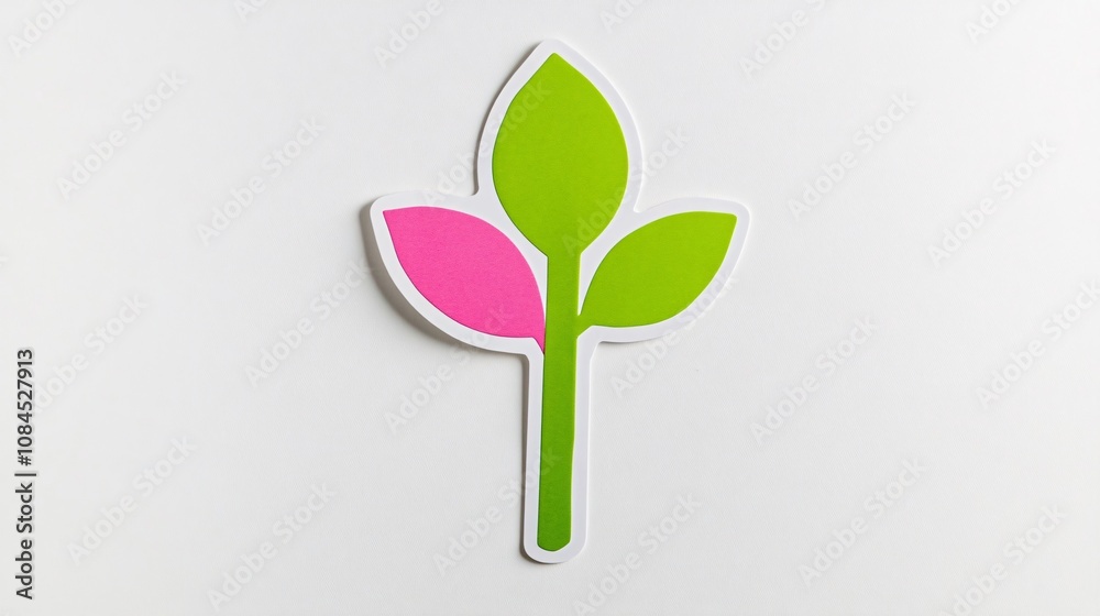 Earth sticker with green and pink colors and a single leaf sprouting, set against a white background Earth sticker with green and pink colors and a single leaf sprouting, set against a white background