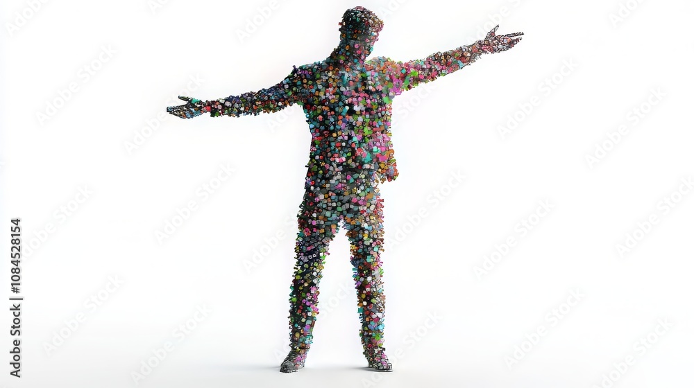 A colorful, abstract figure with outstretched arms, representing creativity and expression against a white background. A colorful, abstract figure with outstretched arms, representing creativity and expression against a white background.