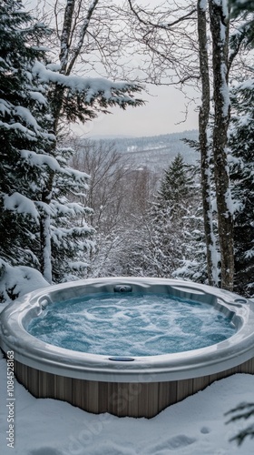 A serene hot tub surrounded by snowy trees in a winter landscape during dusk