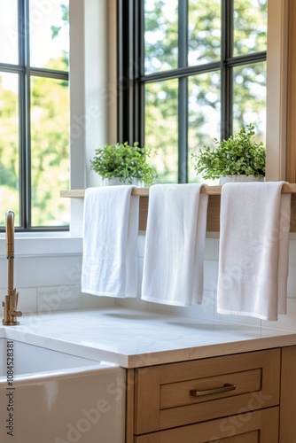 Bright kitchen with white towels, lemon fruit, and natural light during the day