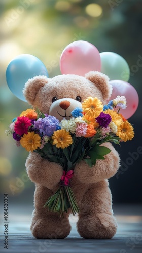 Cute bear holding a bouquet of flowers and colorful balloons in a cheerful se...