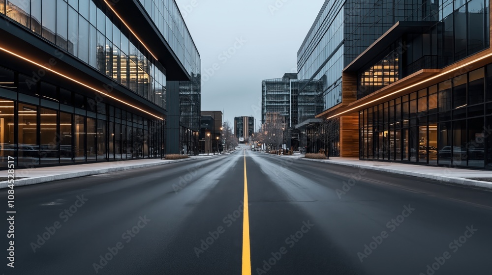 Urban scene with an empty road flanked by modern glass buildings in a symmetrical perspective view, illuminated by warm lights on a cloudy day. Urban scene with an empty road flanked by modern glass buildings in a symmetrical perspective view, illuminated by warm lights on a cloudy day.