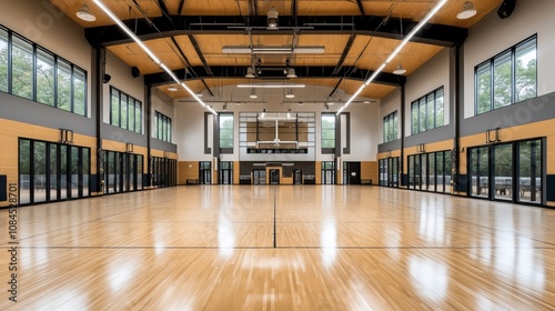 Spacious indoor basketball court with wooden flooring, surrounded by large windows, high ceiling, and modern lighting fixtures.