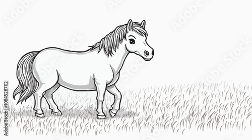 horse cartoon is standing in a grass field for coloring