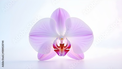 a striking white orchid with subtle lavender edges, centered and isolated on a smooth white background create with ai