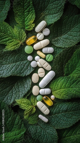 Capsules of various colors resting on green leaves in a natural setting durin...