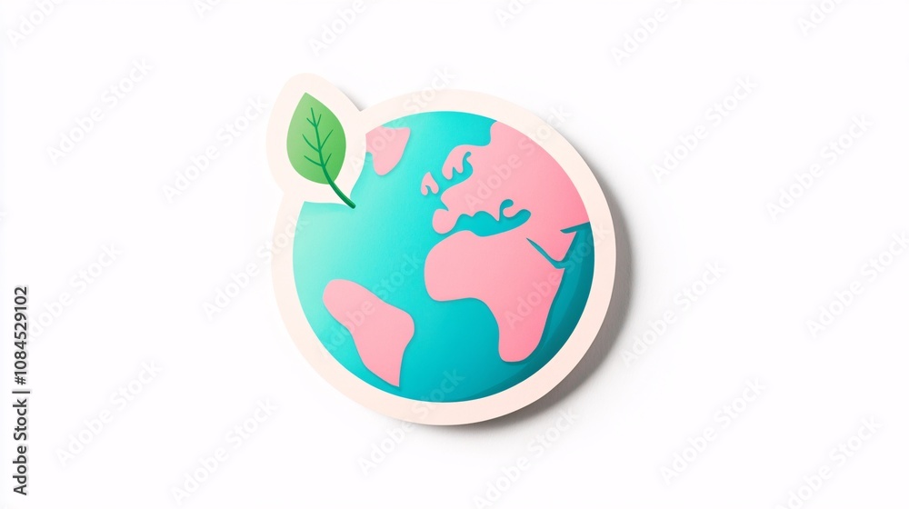 Flat, vibrant earth sticker in green and pink with a small leaf growing, signifying a promise of renewal and eco-consciousness Flat, vibrant earth sticker in green and pink with a small leaf growing, signifying a promise of renewal and eco-consciousness