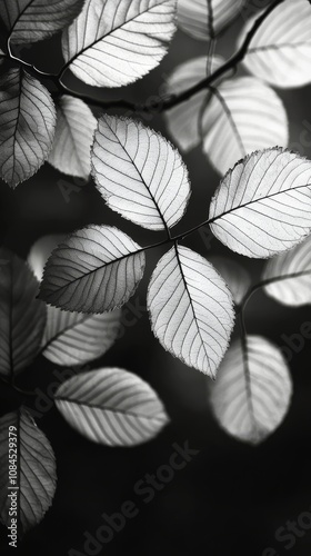 Elegant black and white close up of delicate leaves illuminated by soft light...
