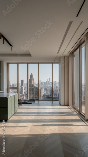 Modern minimalist interior showcasing large windows with a city skyline view ...