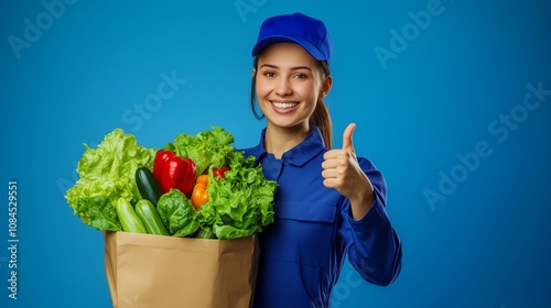 Delivery woman holding paper bag with vegetables showing thumbs up