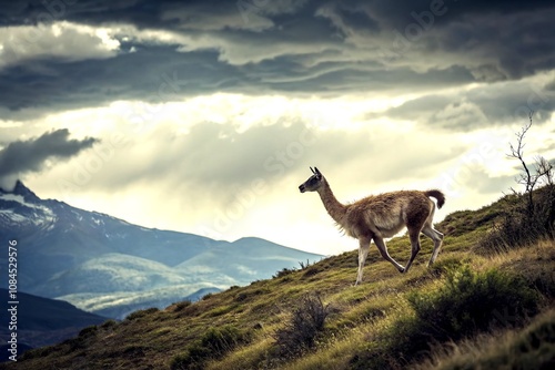 Vintage Style Photography of a Guanaco Walking Gracefully Along a Ridge Under a Dramatic Cloudy Sky, Capturing the Essence of South American Wildlife in a Timeless Scene