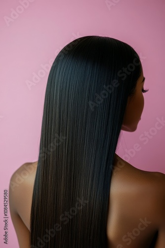 Smooth and glossy hair against a plain pink background highlighting a beautif...