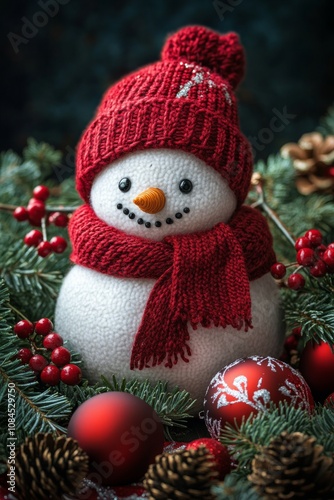 Cute snowman wearing a red hat and scarf surrounded by festive decorations du...