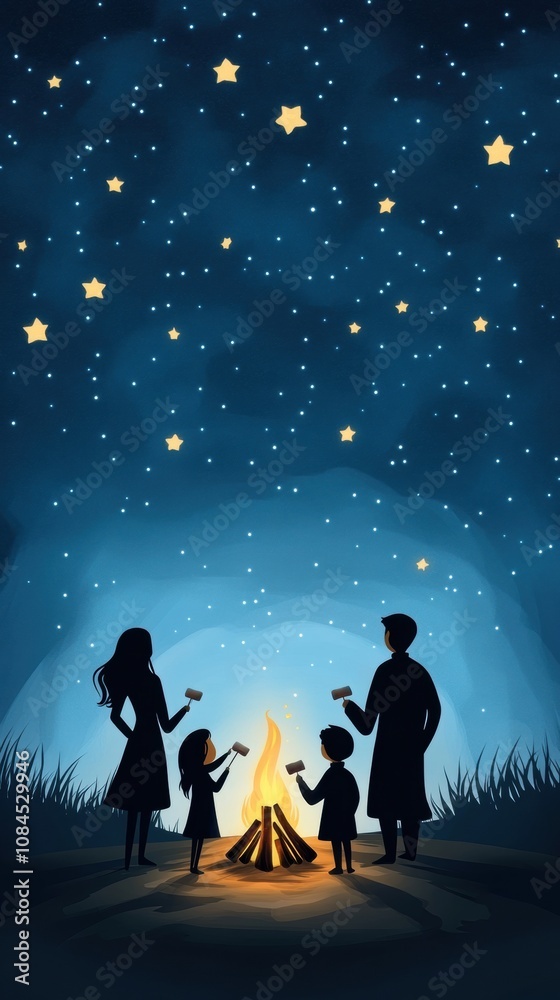 Family enjoys a starry night by the campfire, roasting marshmallows together, AI Family enjoys a starry night by the campfire, roasting marshmallows together, AI