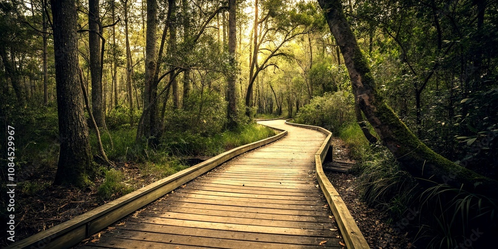 Fototapeta premium Vintage Style Photography of a Serene Boardwalk Winding Through a Lush Forest in Georgia, Capturing Nature's Beauty and Tranquility in a Timeless Atmosphere