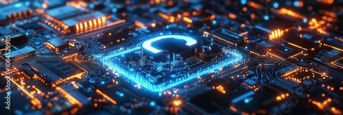 High tech circuit board with glowing elements illustrating digital innovation...