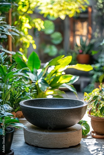 A serene garden path with colorful flowers and a stone birdbath under lush gr...