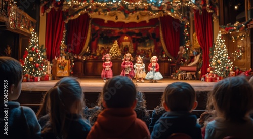 Children watching a Christmas puppet show on stage in a festive theater durin...