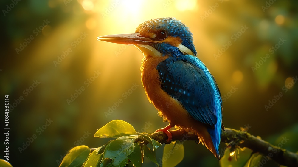 Fototapeta premium A vibrant blue and orange kingfisher perched on a branch, bathed in warm sunlight.