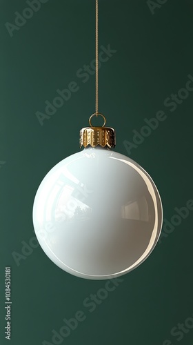 A white glass ornament with a gold cap hangs gracefully from a string against...