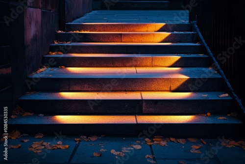 Illuminated staircase with autumn leaves during evening at a city location