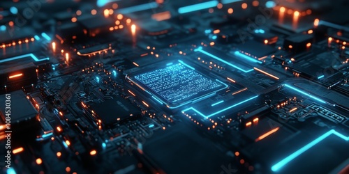 Abstract composition of glowing circuit boards and microchips in a digital en...