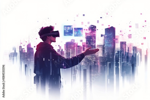 A person explores virtual reality in a futuristic city while wearing a VR hea...