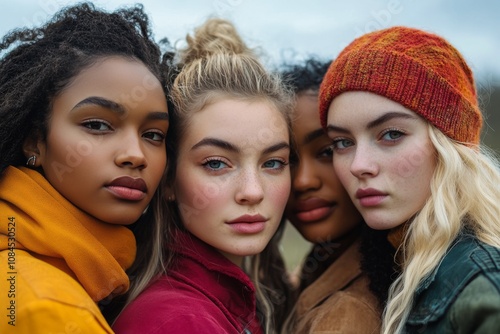 Diverse group of young women posing together outdoors on a sunny day with var...