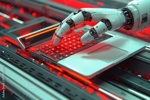 A robotic hand works with a laptop showing digital data in a high tech setting