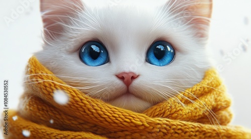 A fluffy white cat with striking blue eyes wrapped in a cozy yellow scarf ind...