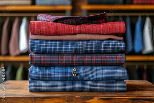 Stacked folded shirts in various patterns displayed on a wooden table in a re...