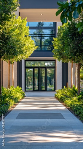 Lush green pathway framed by modern architecture in a tranquil garden setting...