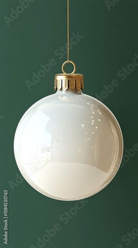A white glass ornament with a gold cap hangs gracefully from a string against...