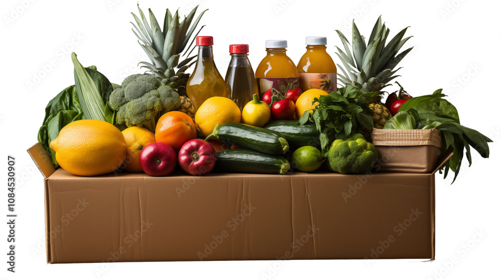 A cardboard box neatly packed with assorted food items, ideal for storage or delivery scenes, isolated on transparent background.