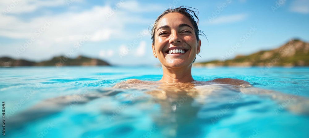 Happy tourist smiling and enjoying crystal clear water in tropical paradise