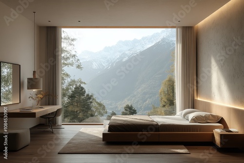 Modern bedroom with a stunning mountain view during daylight in a minimalist ...