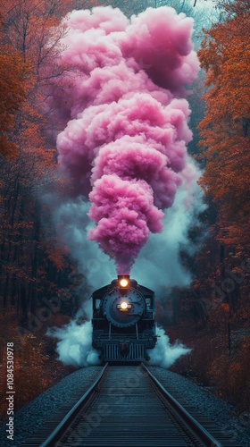 A vintage steam train emits vibrant pink smoke while traveling through a colo...
