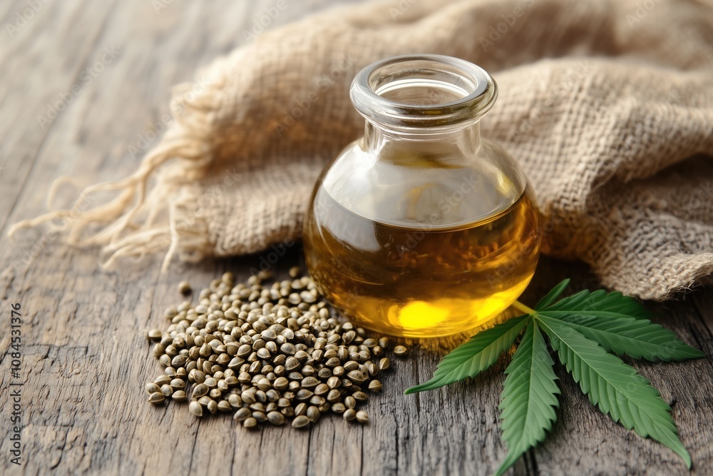 Natural hemp oil with seeds and green leaves on a rustic wooden surface