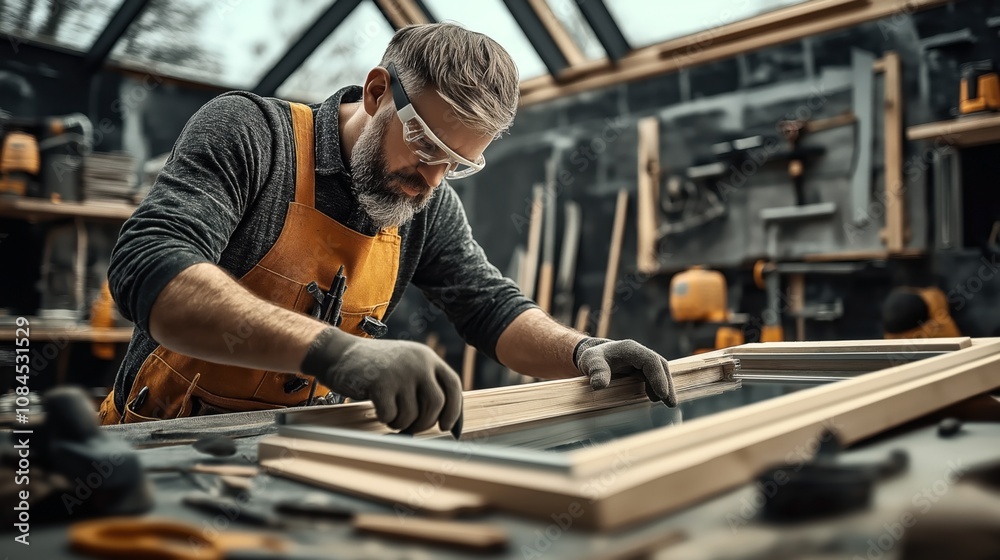 A craftsman in safety goggles and an apron carefully assembles a wooden frame in a workshop. Tools and equipment are visible in the background, indicating a woodworking environment. A craftsman in safety goggles and an apron carefully assembles a wooden frame in a workshop. Tools and equipment are visible in the background, indicating a woodworking environment.