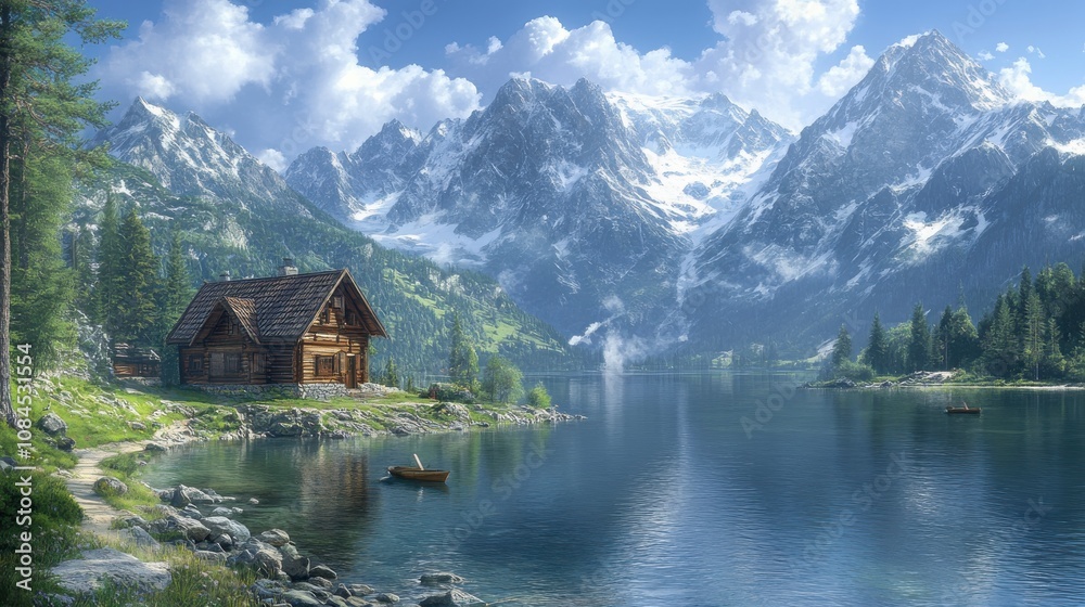 Fototapeta premium Serene Alpine Chalet by a Picturesque Mountain Lake
