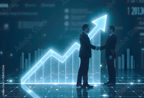 Chart graph with up arrow hologram and businessmen handshake on technology background. Rise chart bar. Stock market or growth business concept. Digital low poly light blue style.